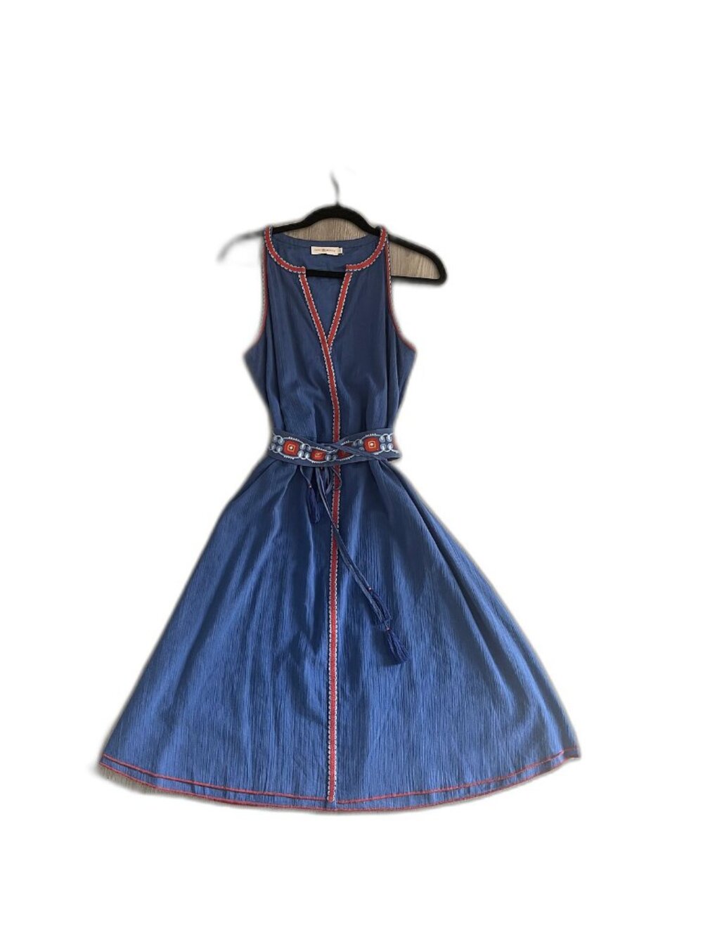 Tory Burch Savannah Embroidered Crepon Dress 4 Hudson Blue - Picture 11 of 11